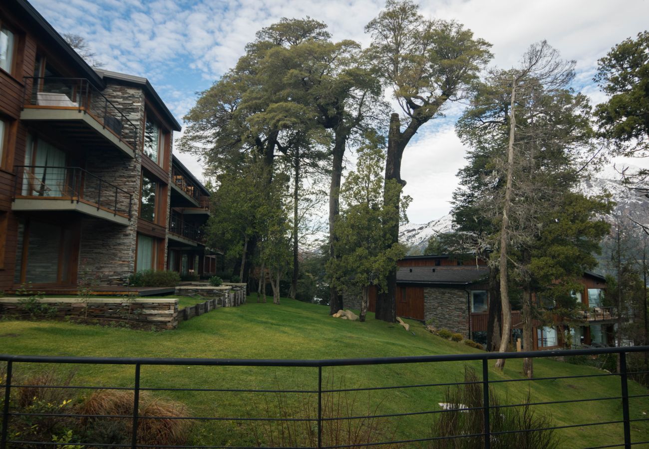 Shared garden at Suites del Lago, a green outdoor space surrounded by nature in Bariloche.