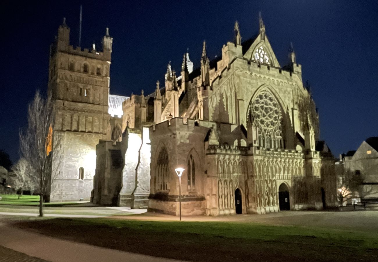 Exeter Cathedral lit up at night, seen from a Cathedral Green apartment.